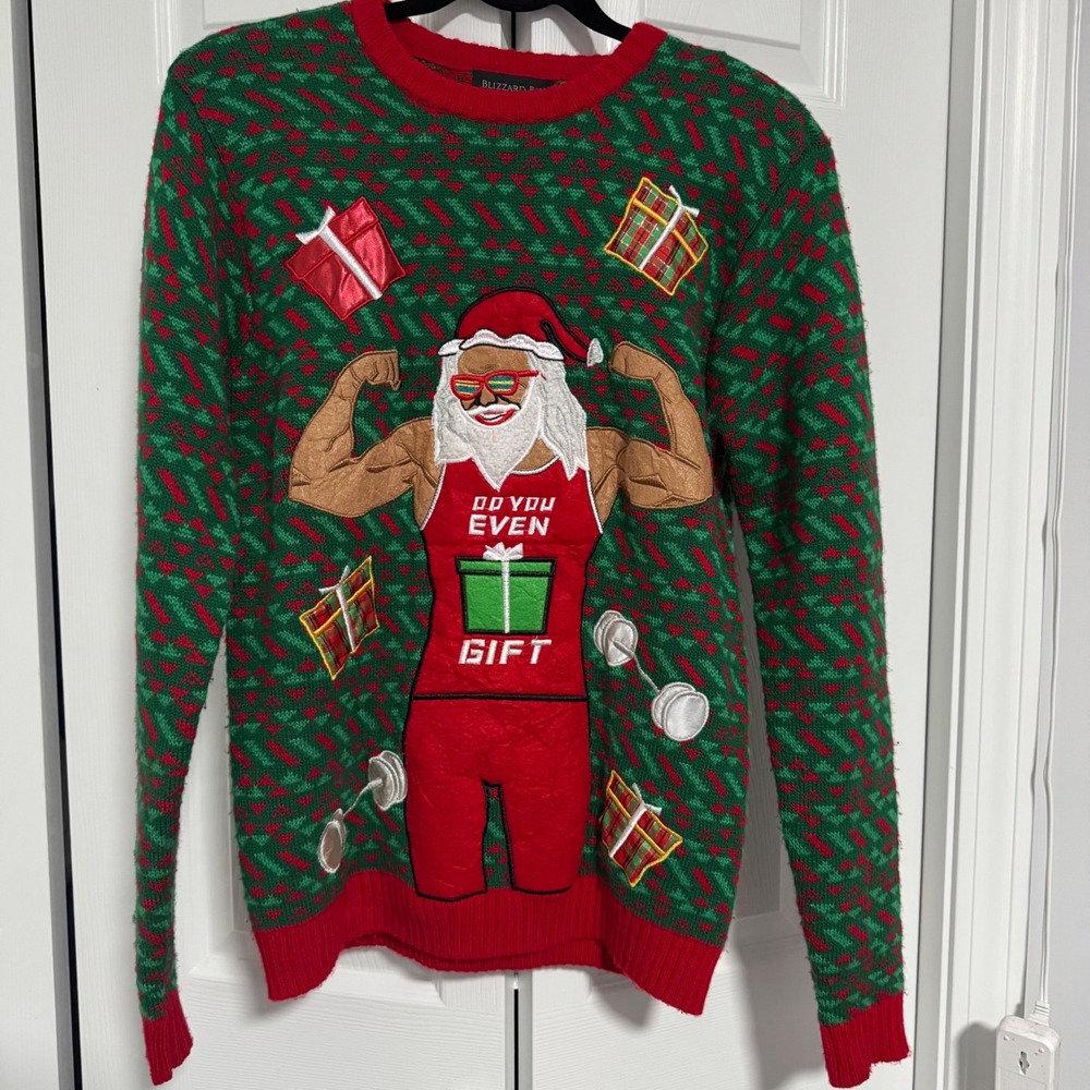 Blizzard Bay Mens Do You Even Gift Buff Santa Ugly Christmas Sweater Green Red S